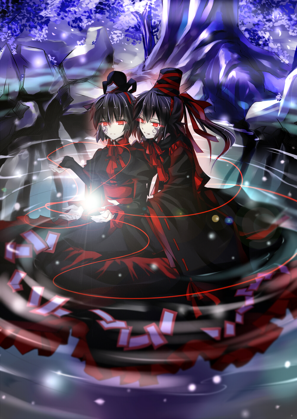 alternate_color, alternate_hair_color, black_hair, dress, glowing, glowing_eyes, hat, highres