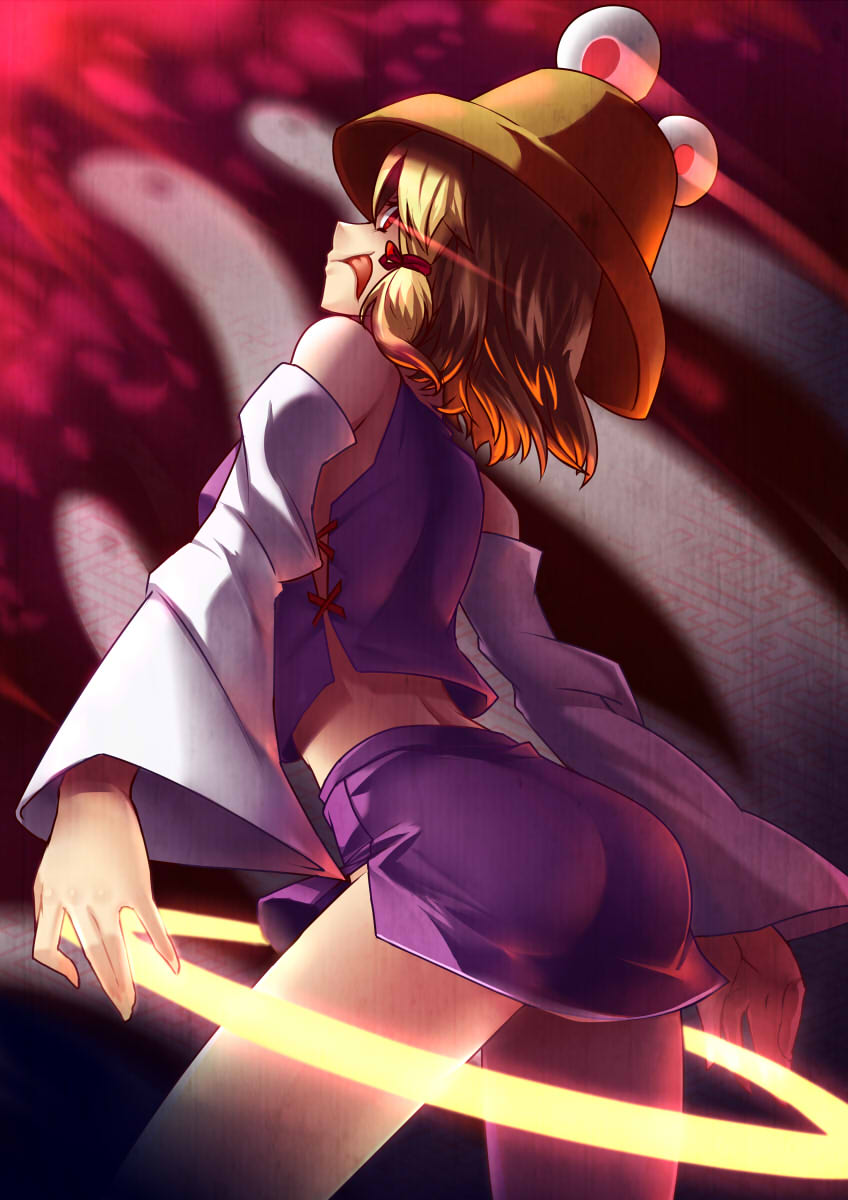 ass, bare_shoulders, blonde_hair, detached_sleeves, from_behind, hat, highres, jewelry