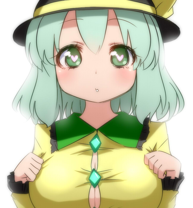 blush, breasts, bust, cleavage, green_eyes, green_hair, hat, heart, heart-shaped_pupils, kanaria_(artist), komeiji_koishi, large_breasts, looking_at_viewer, no_bra, short_hair, simple_background, solo, symbol-shaped_pupils, tori_(minamopa), touhou