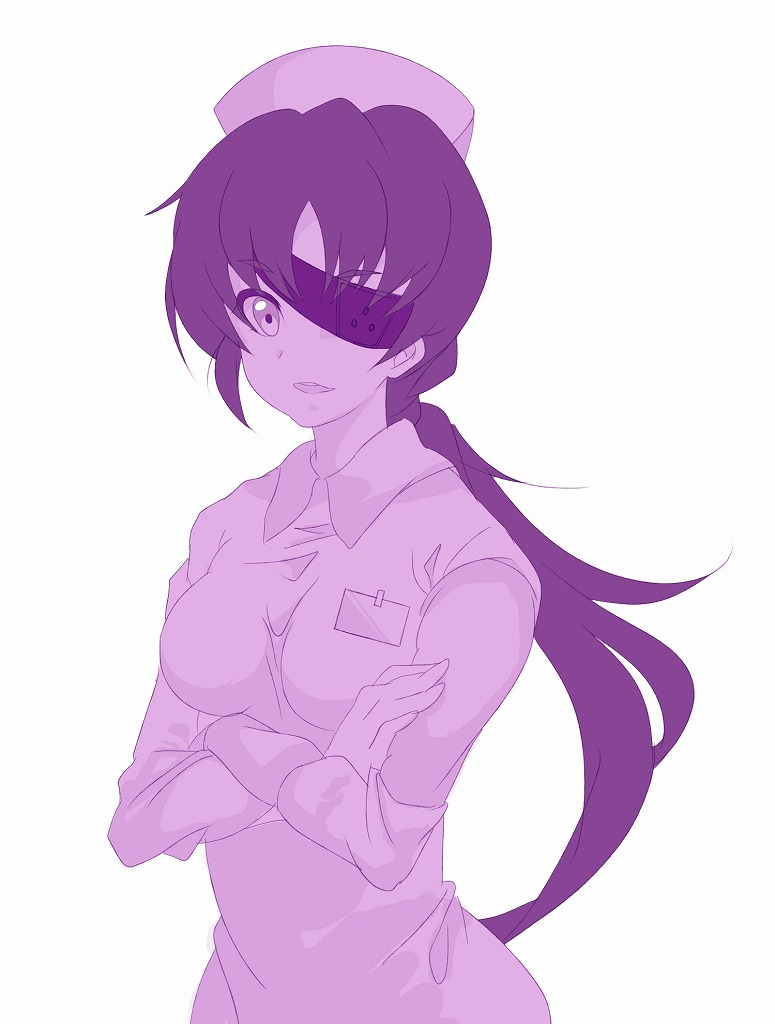 crossed_arms, dress, eyepatch, hat, long_hair, mirai_nikki, monochrome, nurse