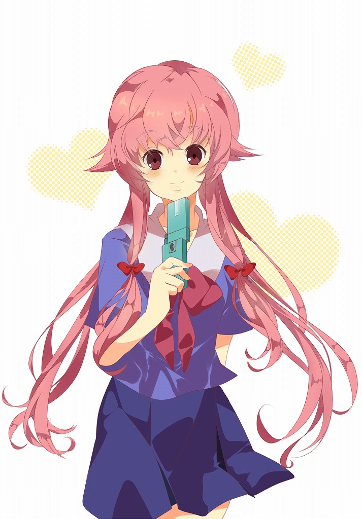 blush, bow, cellphone, gasai_yuno, hair_bow, long_hair, mirai_nikki, phone