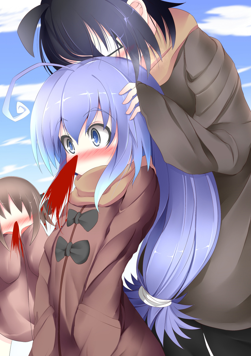 2girls, absurdres, acchi_kocchi, ahoge, black_hair, blood, blue_hair, blush