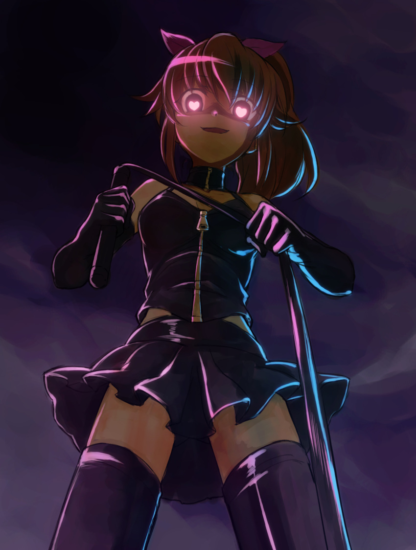 asaka_hinata, black_legwear, collar, dark_background, elbow_gloves, evil_smile, gloves, glowing