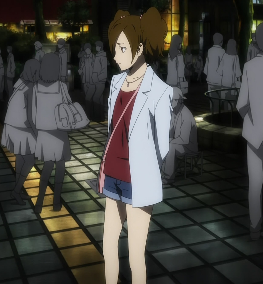 brown_hair, coat, durarara!!, kamichika_rio, purse, shorts, street