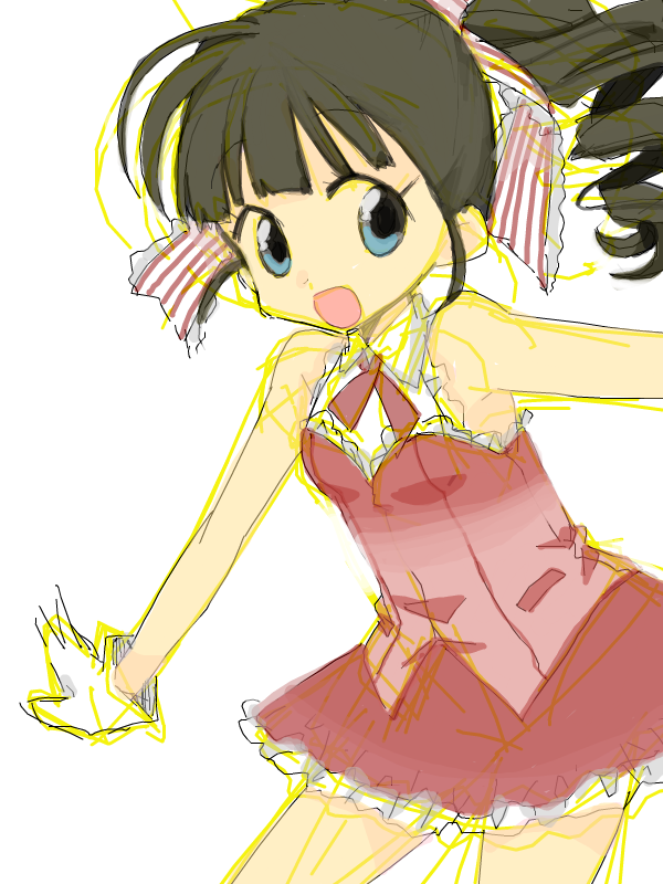 :d, black_hair, blue_eyes, drill_hair, fukuyama_mai, gloves, hair_ribbon, idolmaster