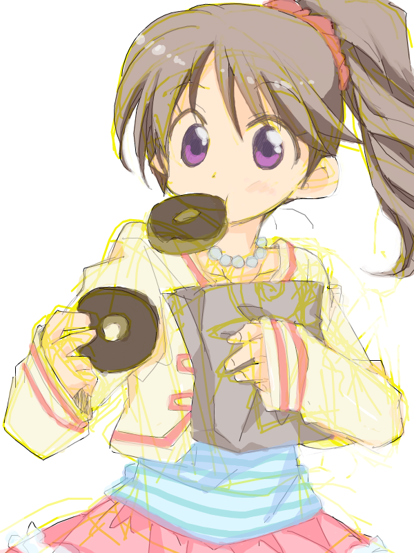 bag, brown_hair, doughnut, eating, food, idolmaster, idolmaster_cinderella_girls, jewelry, long_hair, mouth_hold, necklace, ponytail, purple_eyes, shiina_noriko, shiu_kazuki, sketch, skirt, solo, violet_eyes