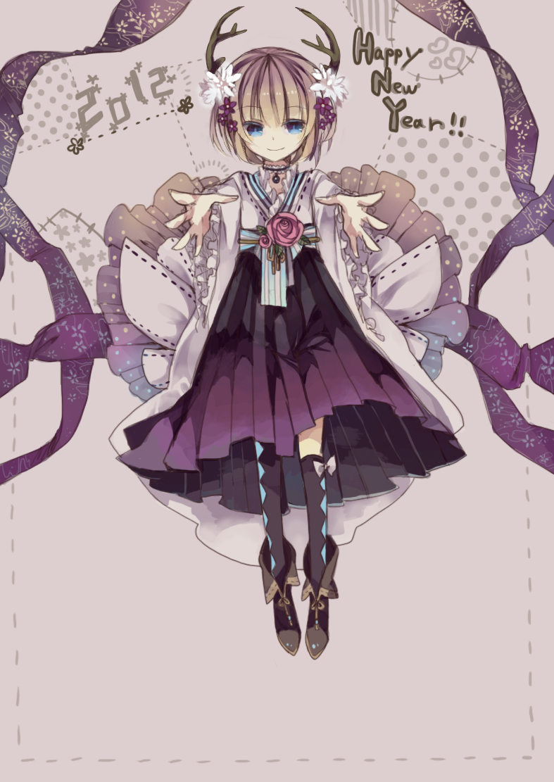 2012, blonde_hair, blue_eyes, flower, hair_flower, hair_ornament, happy_new_year, heart