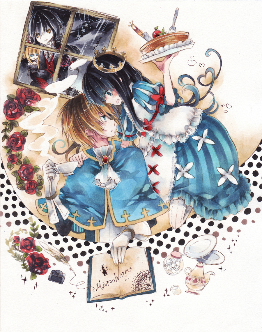 2boys, black_hair, blonde_hair, book, capelet, colored_pencil_(medium), crown, cup