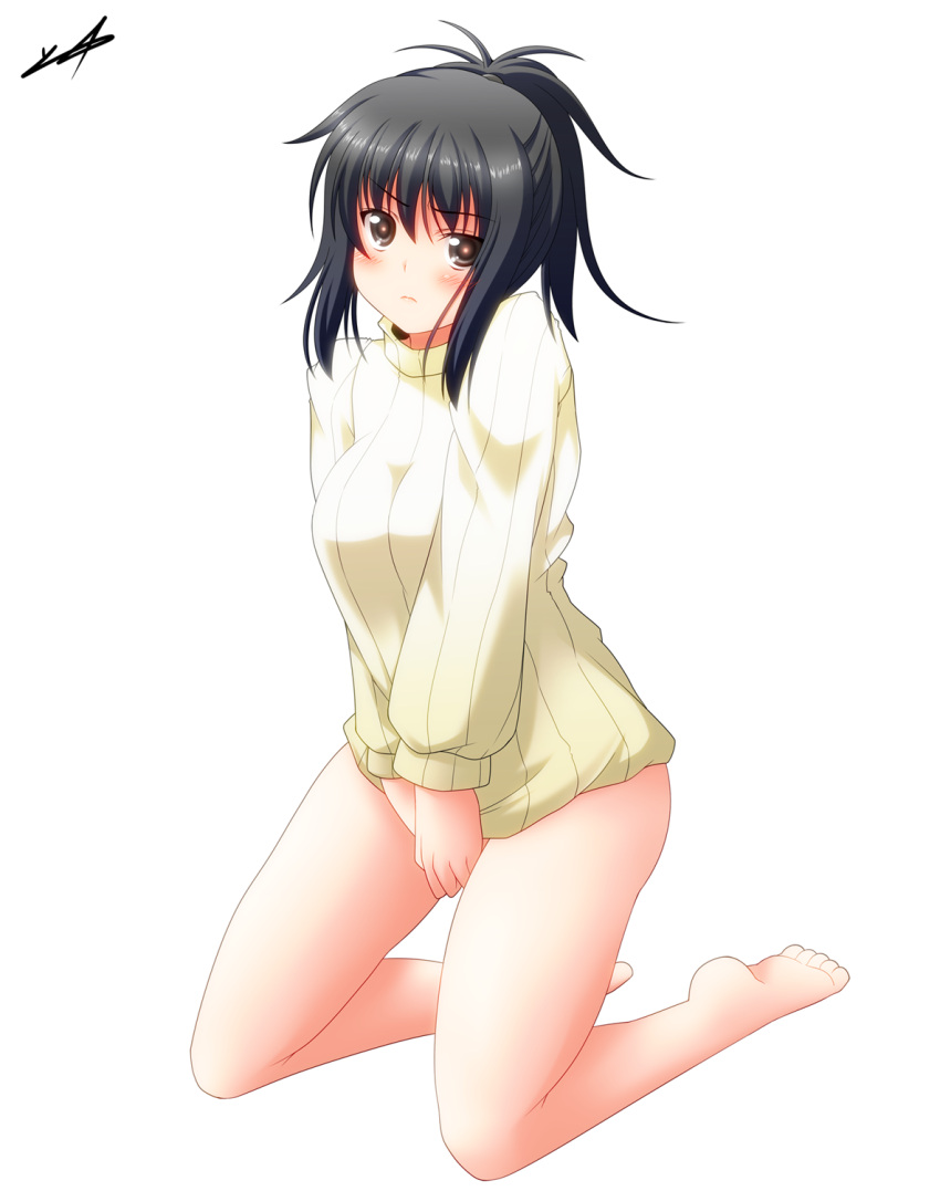 bare_legs, barefoot, black_eyes, black_hair, blush, brown_eyes, covering, covering_crotch, haru-yua, highres, kneeling, legs, looking_at_viewer, naked_sweater, original, ponytail, ribbed_sweater, signature, simple_background, solo, sweater, sweater_tug, white_background