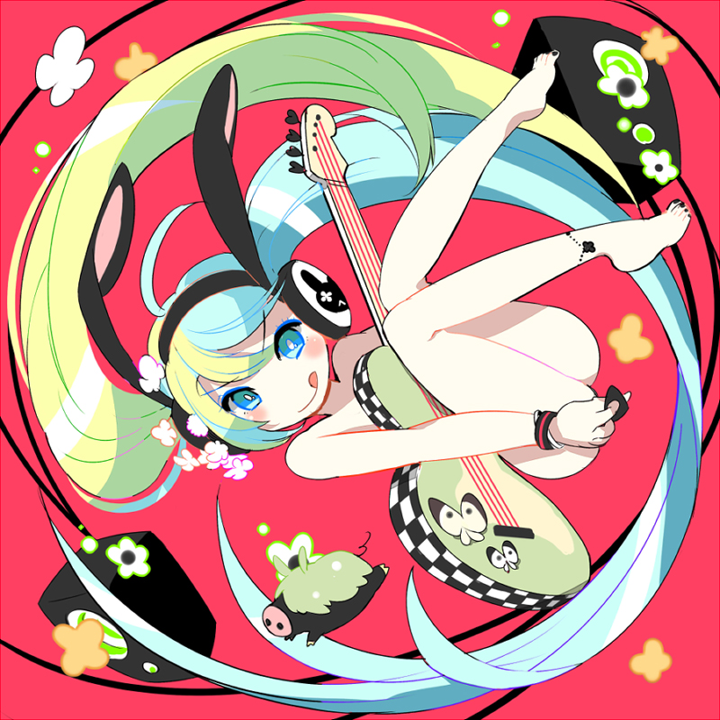 animal_ears, blue_eyes, bunny_ears, gin_(oyoyo), guitar, hatsune_miku, headphones, instrument