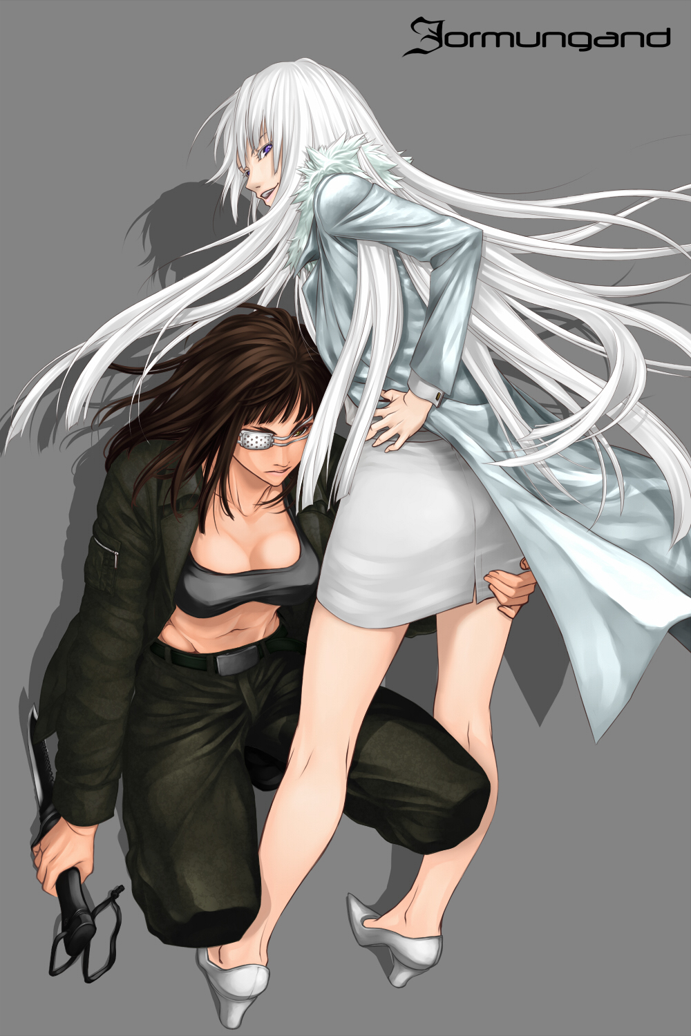 barume, belt, breasts, brown_hair, business_suit, cleavage, collarbone, combat_knife, eyepatch, female, fenrir_(fenlil0316), from_behind, fur_trim, grey_background, grin, hand_on_hip, high_heels, highres, hips, jormungand, knife, koko_hekmatyar, large_breasts, long_hair, looking_back, multiple_girls, navel, open_mouth, purple_eyes, reverse_grip, shoes, silver_hair, simple_background, smile, sofia_valmer, squatting, violet_eyes, weapon, wrist_cuffs, yellow_eyes