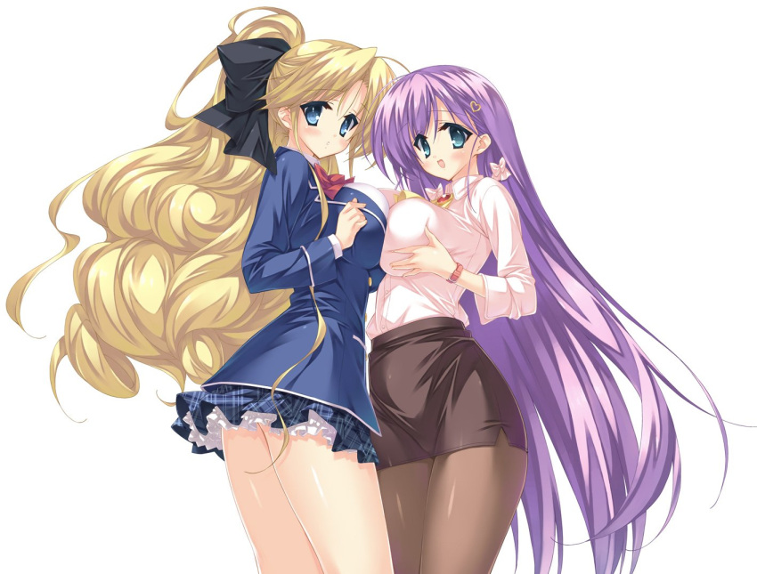 asa_made_jugyou_chu!, blonde_hair, blue_eyes, blush, bow, breast_press, breasts, character_request, female, hair_bow, hair_ornament, kakinozaka_ayana, large_breasts, long_hair, multiple_girls, munyuu, open_mouth, pantyhose, patricia_benpouin, purple_hair, skirt, source_request, symmetrical_docking, very_long_hair