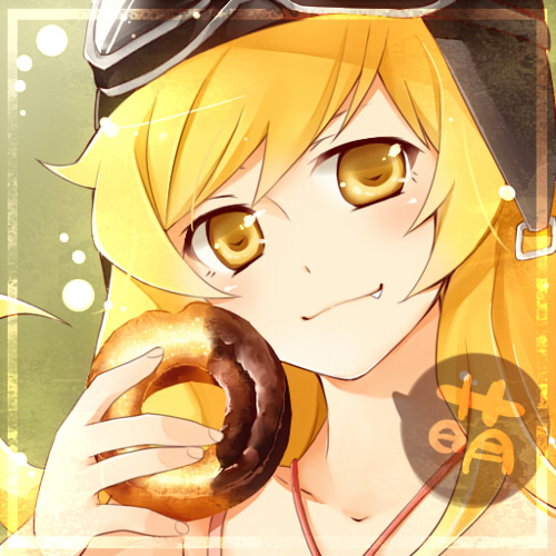 bakemonogatari, blonde_hair, doughnut, fang, goggles, looking_at_viewer, lowres, monogatari_(series)