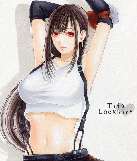 arms_behind_head, breasts, brown_hair, character_name, colored_pencil_(medium), elbow_gloves, final_fantasy, final_fantasy_vii