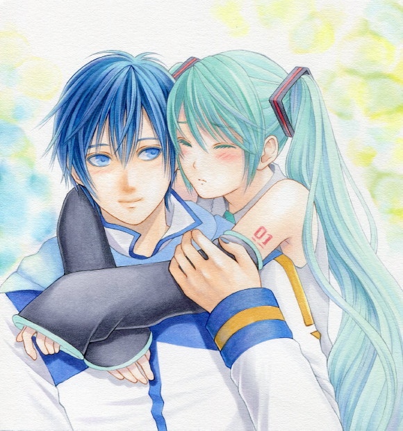 1girl, aqua_hair, bare_shoulders, blue_eyes, blue_hair, blush, colored_pencil_(medium), couple, detached_sleeves, hatsune_miku, hug, juliejulie, kaito, long_hair, marker_(medium), short_hair, traditional_media, twintails, vocaloid