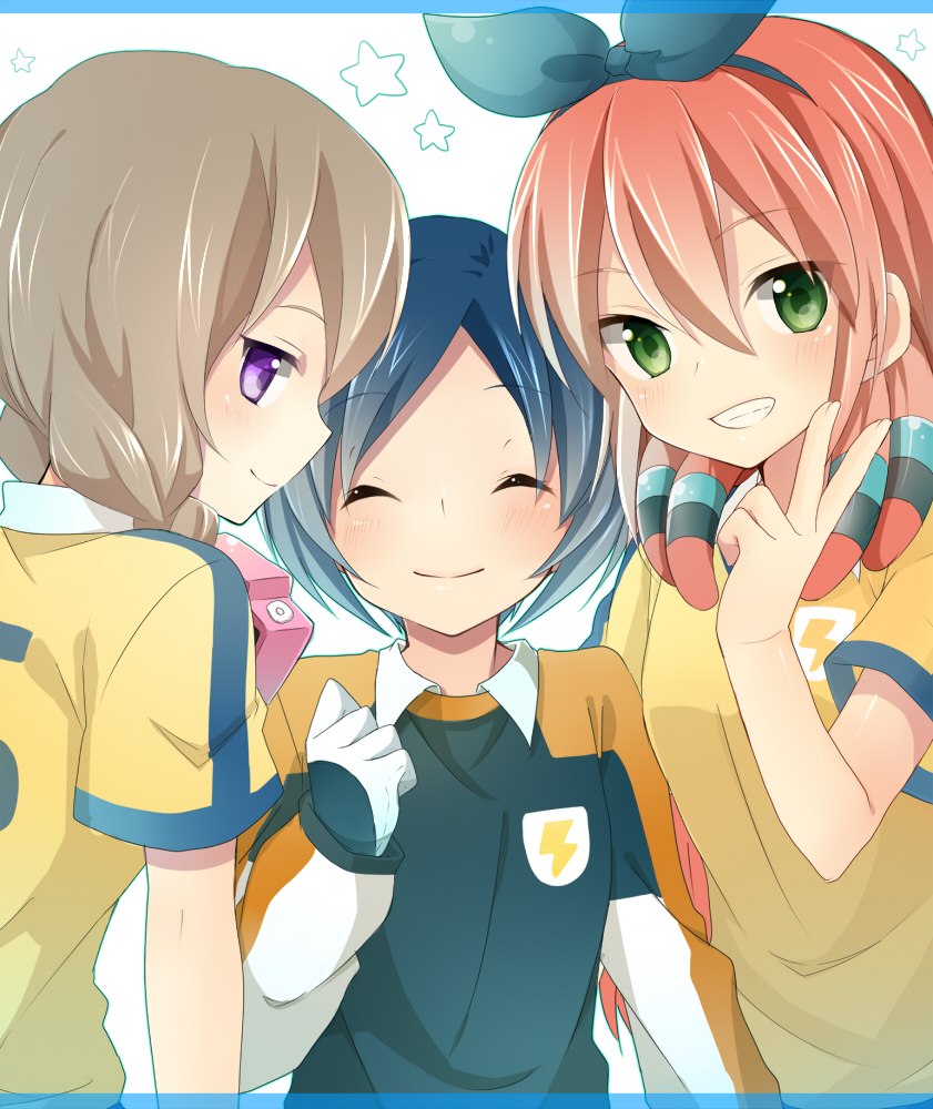 blue_hair, braid, closed_eyes, eyes_closed, green_eyes, grin, hair_ribbon, inazuma_eleven