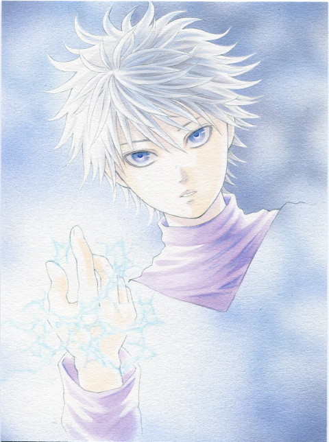 blue_eyes, colored_pencil_(medium), hunter_x_hunter, juliejulie, killua_zoldyck, male, marker_(medium), short_hair