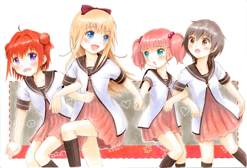 :d, ahoge, akaza_akari, aqua_eyes, arm_grab, black_hair, black_legwear, blonde_hair