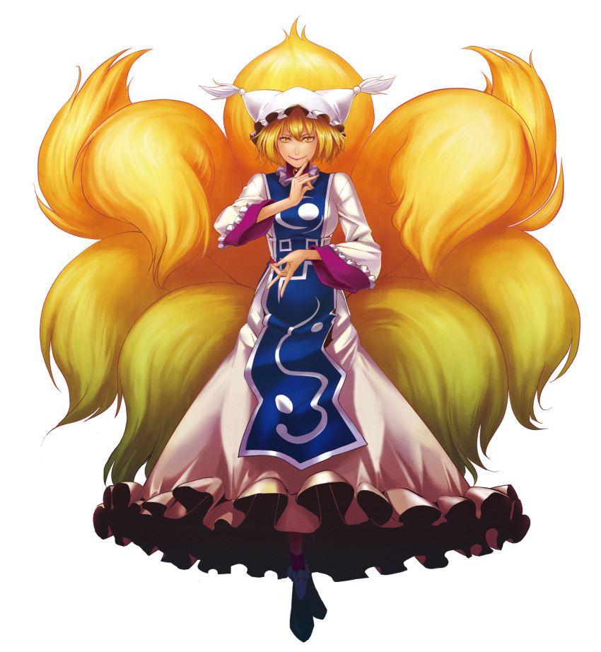 blonde_hair, crow_(pixiv), edo_tatsuki, fox_ears, fox_tail, hat, highres, multiple_tails
