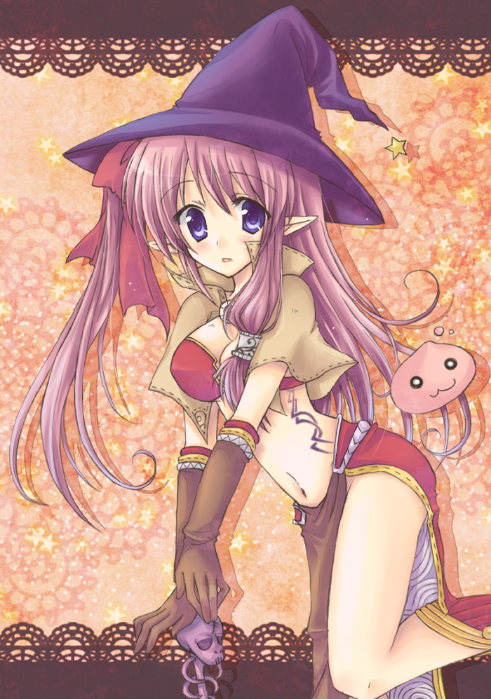 gloves, hair_ribbon, hat, mage_(ragnarok_online), miyata_(miyatami07), navel, poring, purple_eyes