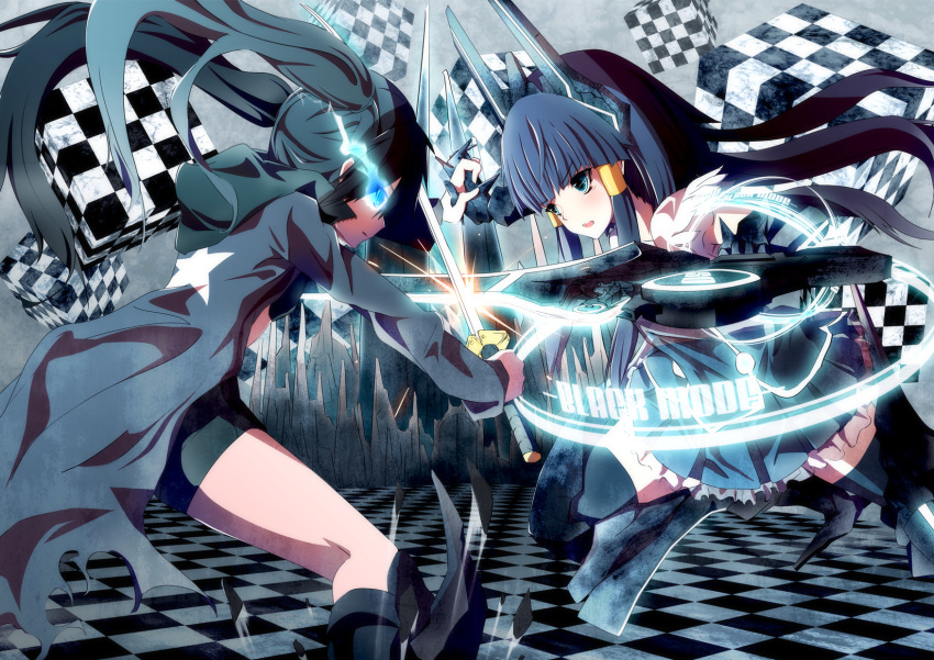 aoki_reika, armor, battle, black_hair, black_legwear, black_rock_shooter, black_rock_shooter_(character), blue_eyes