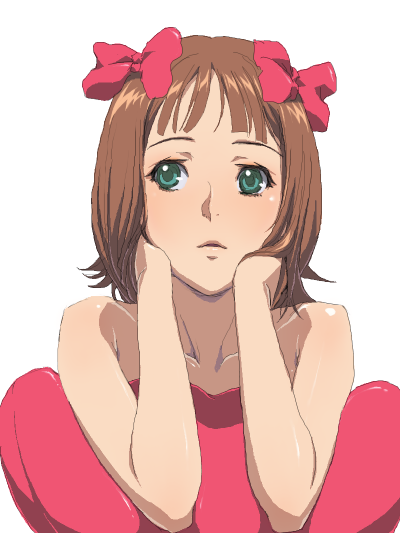 amami_haruka, bow, brown_hair, bust, green_eyes, idolmaster, lips, lowres