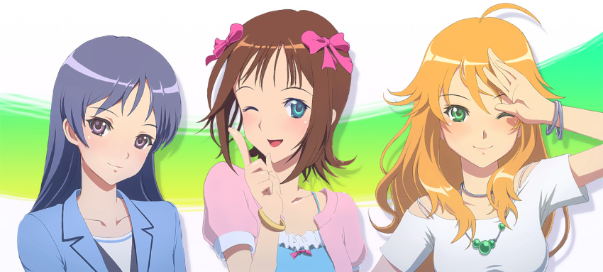 ahoge, amami_haruka, bad_id, blonde_hair, blue_eyes, blue_hair, blush, bow