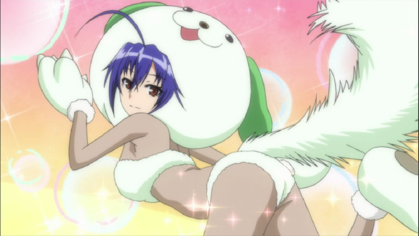 animal_ears, blue_hair, breasts, kurokami_medaka, large_breasts, medaka_box, screen_capture, tail