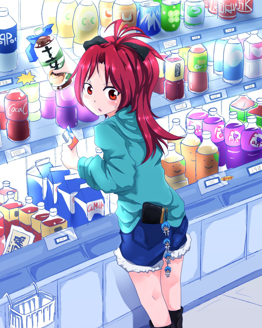 bag, bottle, bow, cameo, card, cellphone_strap, coca-cola, hair_bow, highres, long_hair, looking_back, mahou_shoujo_madoka_magica, miki_sayaka, miki_sayaka_(cameo), milk_carton, nefeli, price_tag, purse, red_eyes, red_hair, redhead, sakura_kyouko, solo, steal, sweatdrop, theft