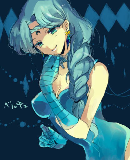 beruche, bishoujo_senshi_sailor_moon, black_moon_clan, blue_background, blue_eyes, blue_hair, braid, character_name, colored_eyelashes, crescent, facial_mark, forehead_mark, gloves, hair_over_shoulder, itsuki_noki, leotard, long_hair, smile, solo