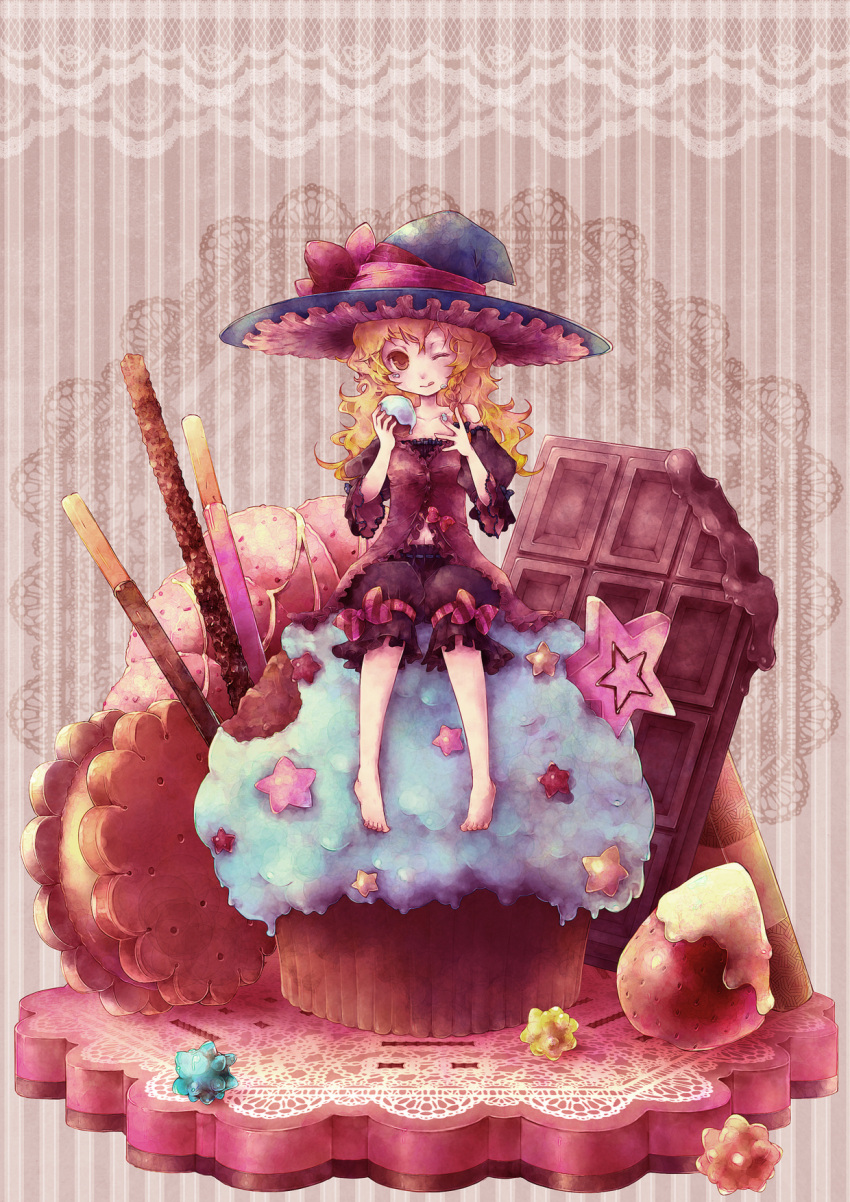 ;p, ba, barefoot, blonde_hair, bloomers, bow, braid, chocolate