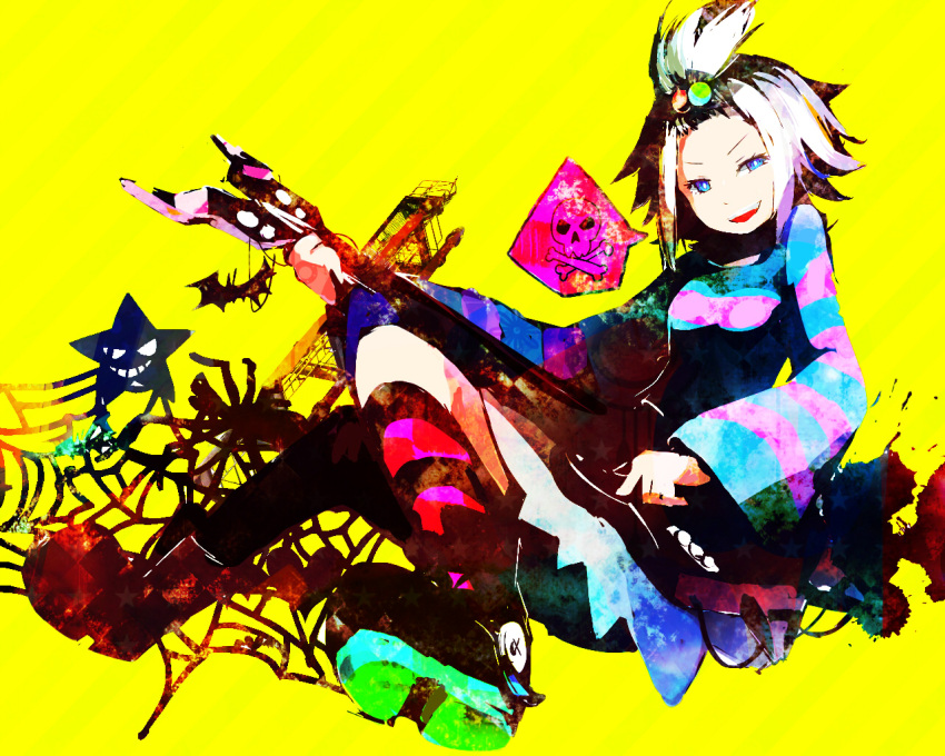 >:), bad_id, bad_pixiv_id, bass_guitar, bat, blue_eyes, boots, crossed_legs