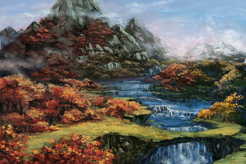 faux_traditional_media, fog, forest, horizon, landscape, mountain, mountain_of_faith, nature, no_humans, river, scenery, touhou, water, waterfall, youkai_mountain