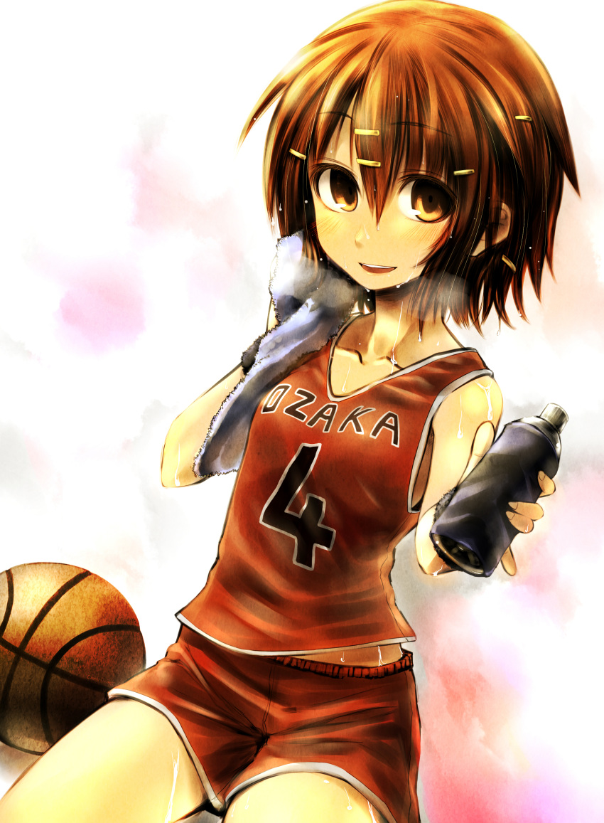 absurdres, ayakashi_banashi, bare_shoulders, basketball, basketball_uniform, bottle, brown_eyes, brown_hair, chankodining_waka, collarbone, fingernails, hair_ornament, hairclip, heavy_breathing, highres, himura_akari, hot, looking_at_viewer, original, short_hair, sitting, smile, solo, sportswear, sweat, sweating, towel, water_bottle, wet, wiping_sweat, wristband