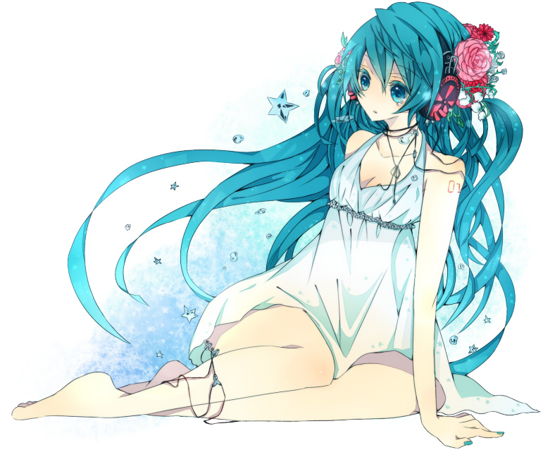 aqua_eyes, aqua_hair, barefoot, chidori_(@rom), dress, flower, hair_flower, hair_ornament