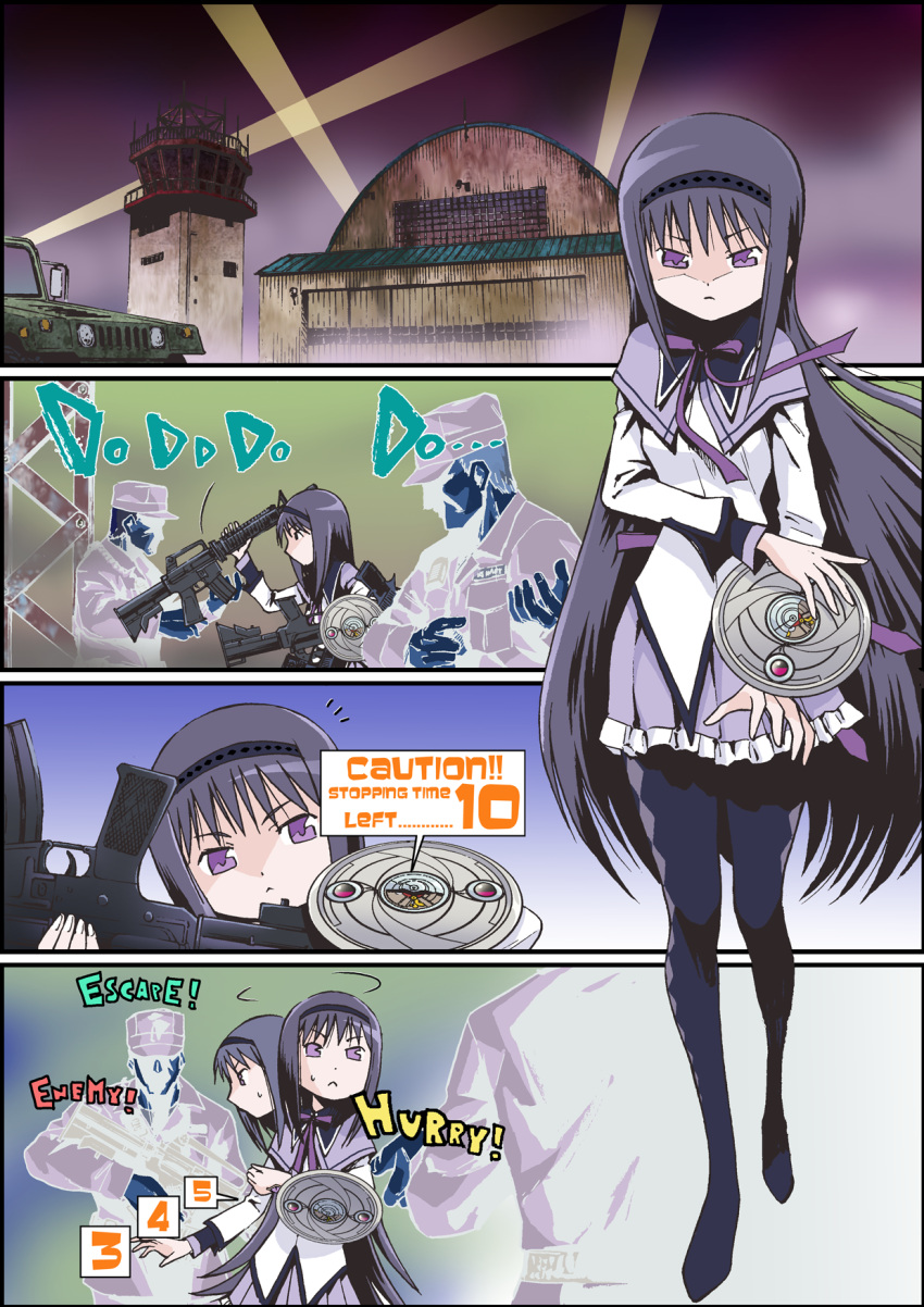 :<, akemi_homura, artist_request, assault_rifle, black_hair, black_legwear, bouzu_atama, bow