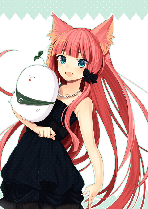 animal_ears, bangs, bare_shoulders, black_dress, blue_eyes, blush, bow, cat_ears