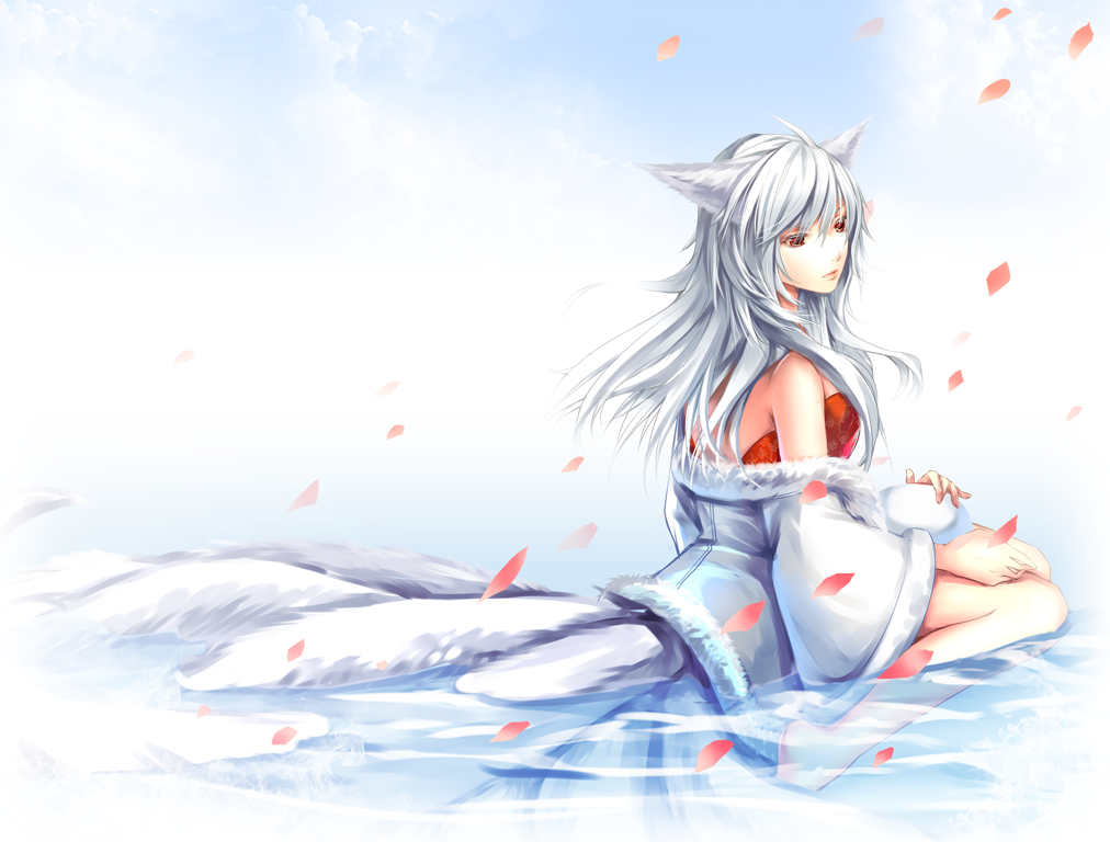 ahri, alternate_hair_color, animal_ears, bare_shoulders, barefoot, fox_ears, fox_tail, ihet, league_of_legends, long_hair, multiple_tails, petals, red_eyes, solo, tail, water, white_hair