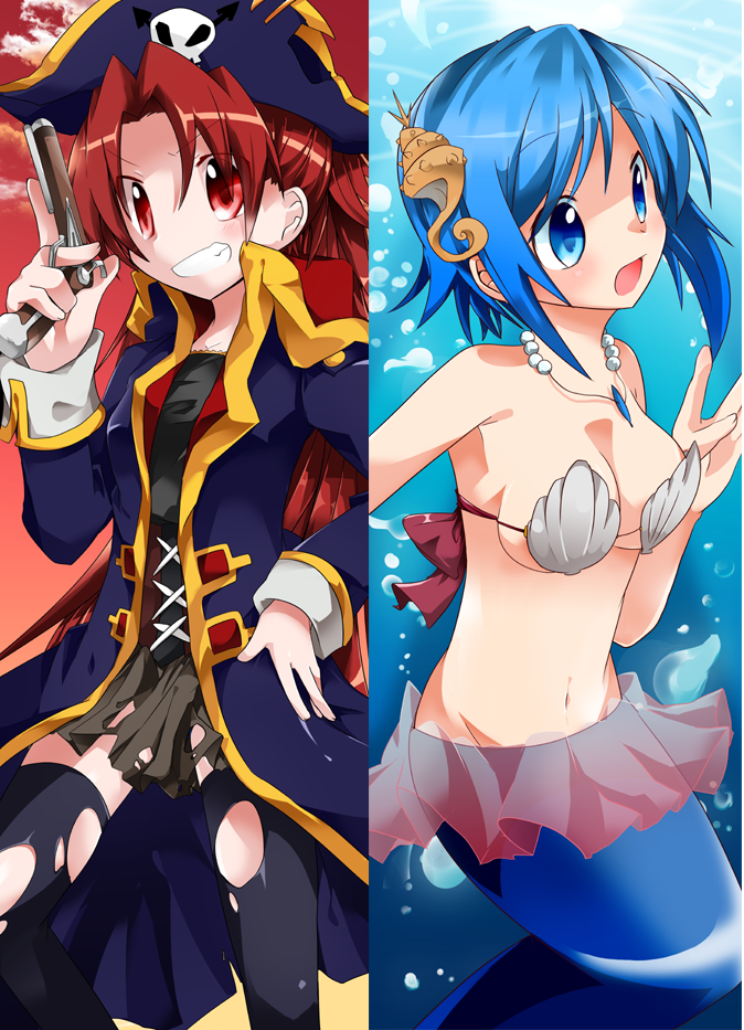 alternate_costume, bare_shoulders, bikini, black_legwear, blue_eyes, blue_hair, bow, breasts, funmatu, grin, gun, hair_ornament, hat, jewelry, long_hair, long_sleeves, mahou_shoujo_madoka_magica, mermaid, miki_sayaka, monster_girl, multiple_girls, navel, necklace, open_mouth, pirate, pirate_hat, ponytail, red_eyes, red_hair, redhead, sakura_kyouko, shell, shell_bikini, short_hair, smile, swimsuit, thigh-highs, thighhighs, torn_clothes, torn_thighhighs, weapon, zettai_ryouiki