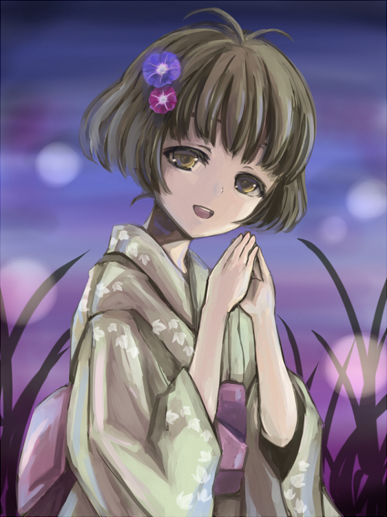 akizuki_ryou, antenna_hair, brown_eyes, brown_hair, crossdressinging, flower, hair_flower, hair_ornament