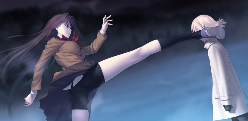 1girl, aozaki_aoko, bike_shorts, blonde_hair, blue_eyes, brown_hair, game_cg, hair_intakes, high_kick, kicking, koyama_hirokazu, legs, long_hair, long_legs, lugh_beowulf, mahou_tsukai_no_yoru, school_uniform, short_hair, shorts_under_skirt, skirt, socks, spoilers, upskirt