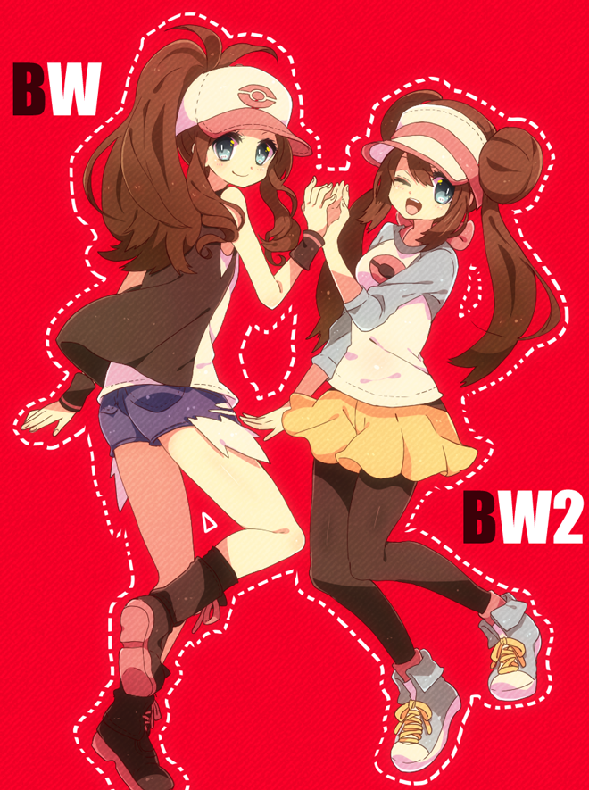 baseball_cap, blue_eyes, boots, brown_hair, cutoffs, denim_shorts, double_bun, female_protagonist_(pokemon_bw2)