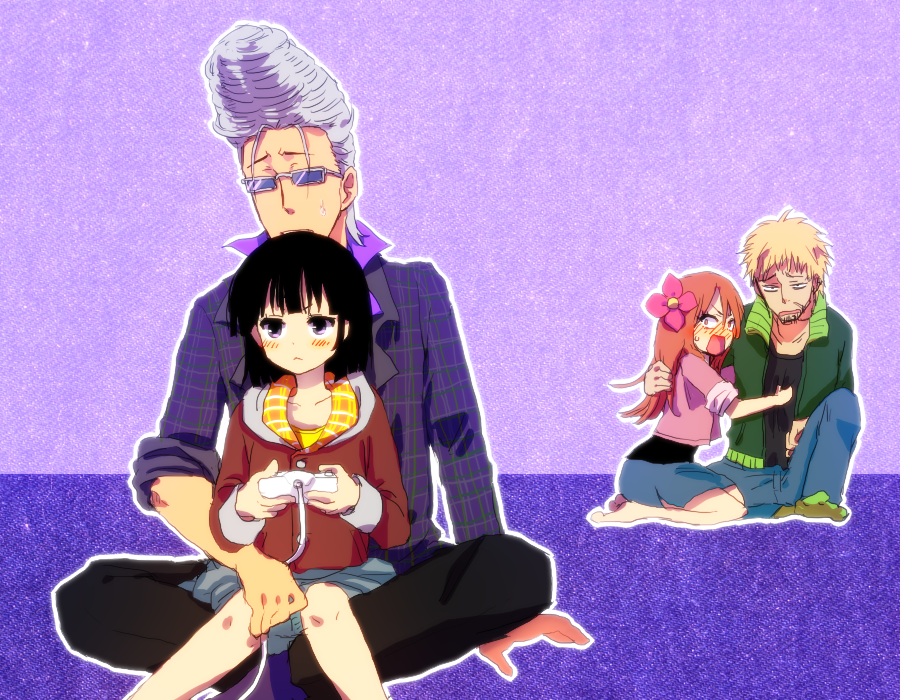 2girls, :<, asdge23, barefoot, beelzebub_(manga), black_hair, blonde_hair, blush
