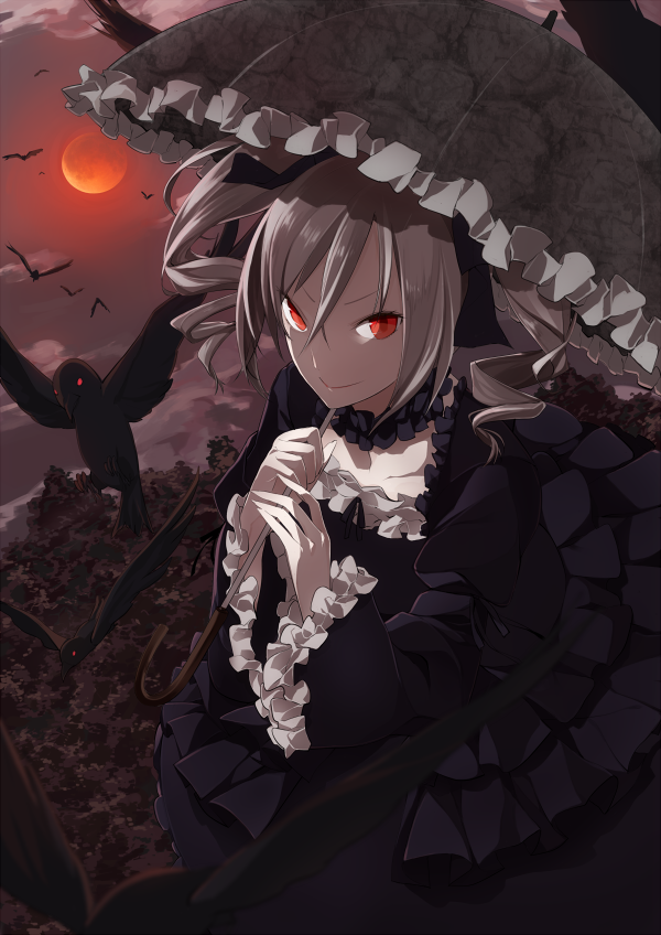 bird, crow, drill_hair, grey_hair, hair_ribbon, idolmaster, idolmaster_cinderella_girls, kanzaki_ranko