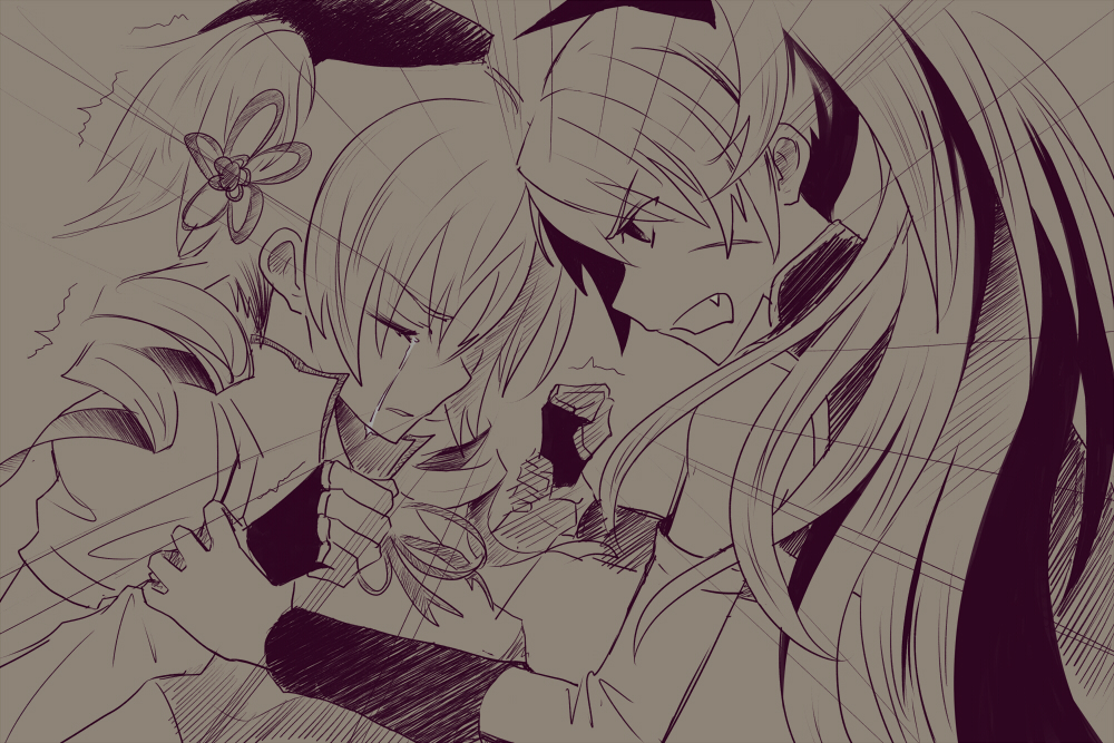 closed_eyes, die_(artist), drill_hair, eyes_closed, holding_wrists, long_hair, magical_girl, mahou_shoujo_madoka_magica, monochrome, multiple_girls, open_mouth, sakura_kyouko, tears, tomoe_mami, wrist_grab, yuri