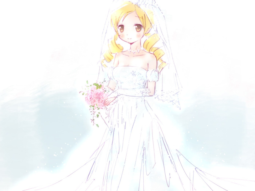 bare_shoulders, blonde_hair, blush, boquet, bouquet, dress, drill_hair, flower, highres, jewelry, mahou_shoujo_madoka_magica, necklace, rose, smile, solo, strapless_dress, tomoe_mami, twin_drills, veil, wedding_dress, yellow_eyes, yoshinogai