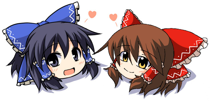 bow, collaboration, colored, hair_bow, hair_tubes, hakurei_reimu, heart, miyakono_(yu), mochizuki_ado, player_2, smile, touhou, yukkuri_shiteitte_ne