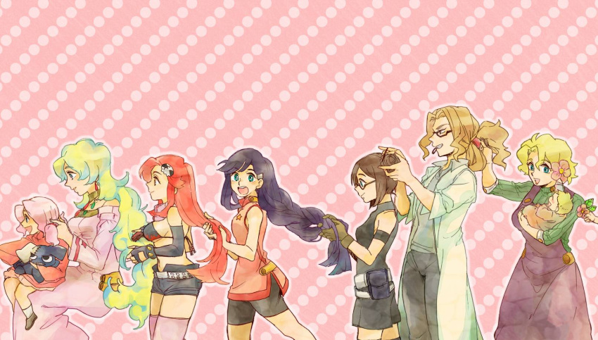 anne_(ttgl), baby, braiding_hair, child, darry_adai, dress, glasses, hairdressing, highres, hikiya, kinon, kiyal, kiyoh, leite_jokin, long_hair, multiple_girls, nia_teppelin, pink_background, short_hair, shorts, stuffed_animal, stuffed_toy, tengen_toppa_gurren_lagann, thigh-highs, thighhighs, yoko_littner
