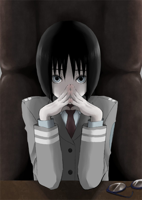 air-bird, black_hair, blue_eyes, chair, desk, glasses, kusanagi_suito, necktie