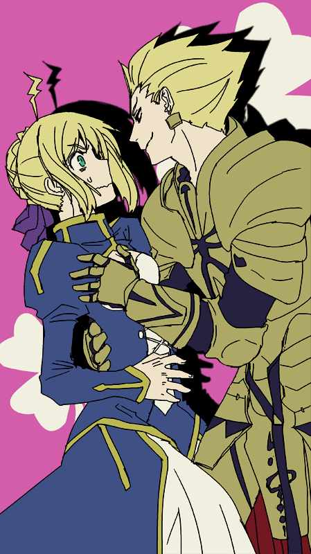 1girl, ahoge, armor, blonde_hair, breast_fondle, breast_grab, dress, earrings, fate/stay_night, fate_(series), gilgamesh, green_eyes, hair_ribbon, jewelry, red_eyes, ribbon, saber, yu@genkoochu(5tsukino)